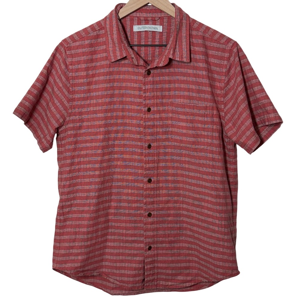 OUTERKNOWN Mens Striped Short Sleeve Button Up Shirt Red Organic Cotton Size M